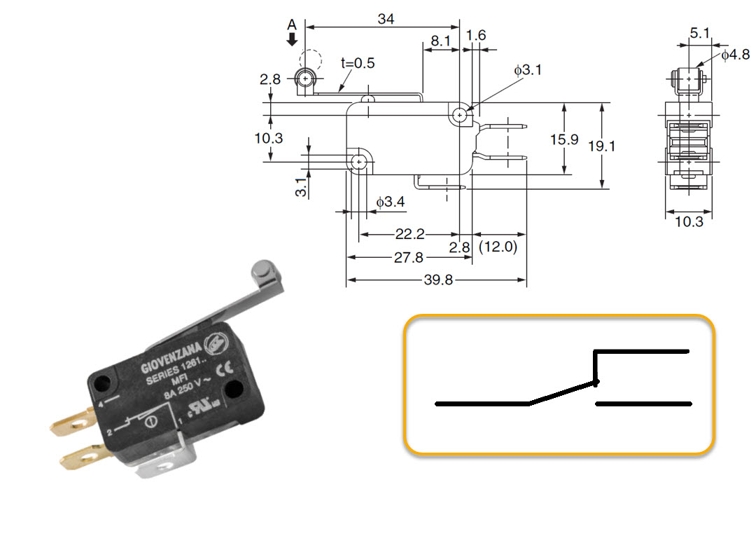Microschalter, Giovenzana MFI.1, 1CO-Kontakt, Arm mit Rolle, QKS11