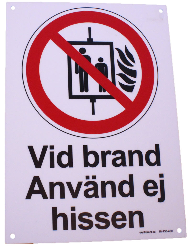Plastskylt, Använd ej hissen vid brand, A5 (209x148mm), svensk text