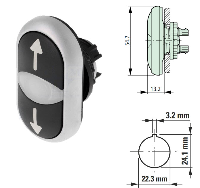 Tryckknapp dubbel, Eaton/Moeller RMQ, UPP/NER, hål ø22,5mm