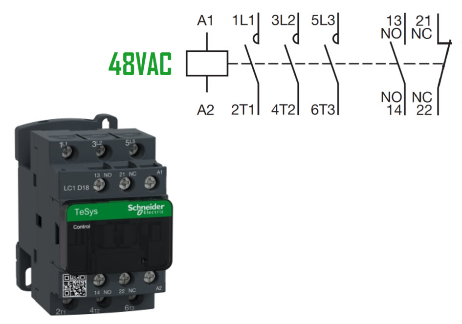 Contactor, Schneider/Telemec., LC1D18E7, 48VAC, 18A/7,5KW
