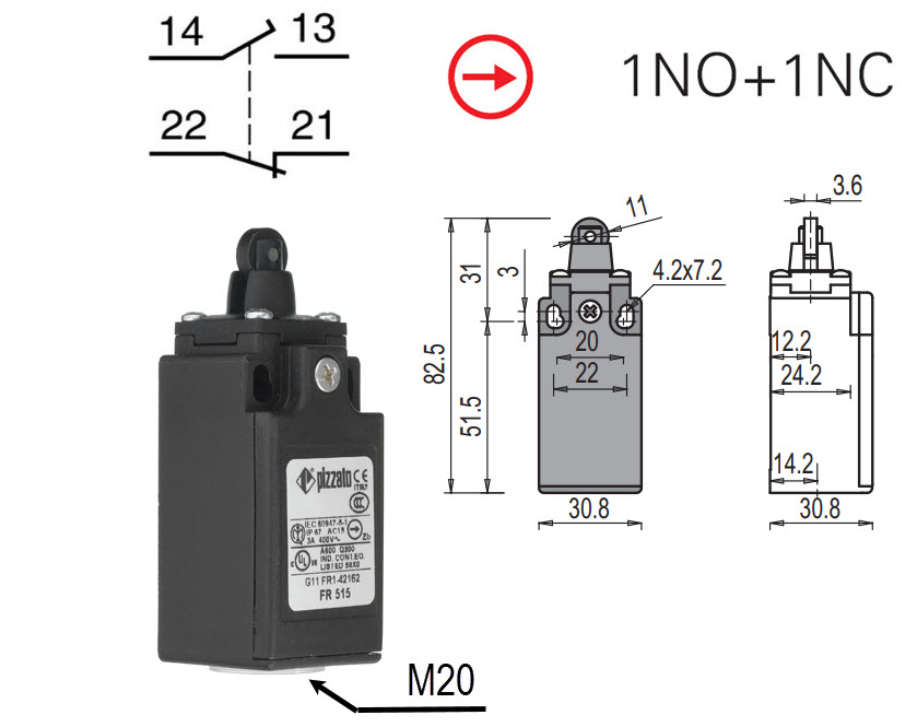 Safety switch, Pizzato FR515M2, w. roller D=11mm, Safety gear contact