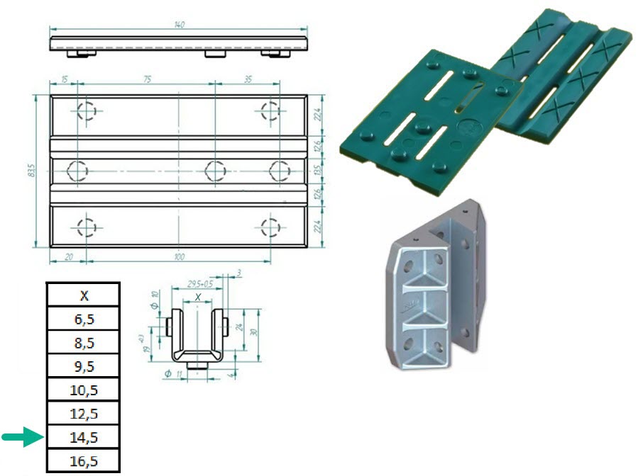 Guide shoe insert, GE std, 140x29.5x30, 14mm, hinged, hard