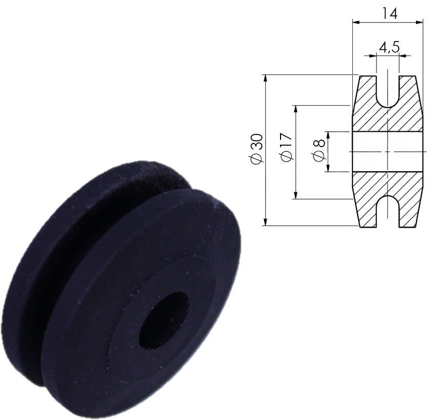 Umlenkrolle Türseil, Schindler QKS, ø30/17/8x13mm mit Rundrille