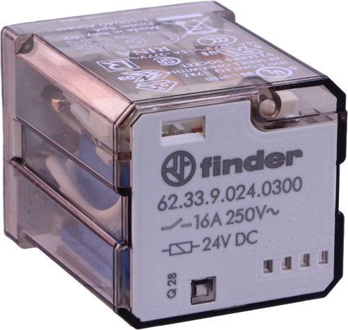 Relä, Finder, type 62.33, 8-pin, 24VDC/16A, 3NO-Kontakter