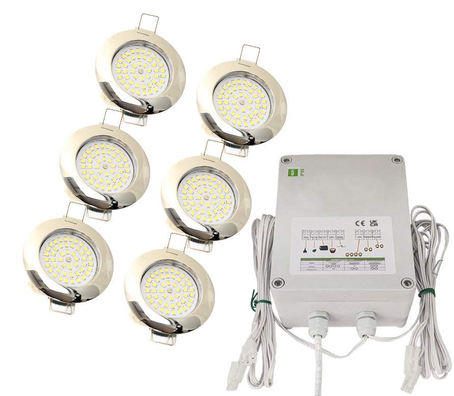 LED-kit Korgbel., Set Spots kromat klar, 6x495lm, Nödljus, 12V/230V