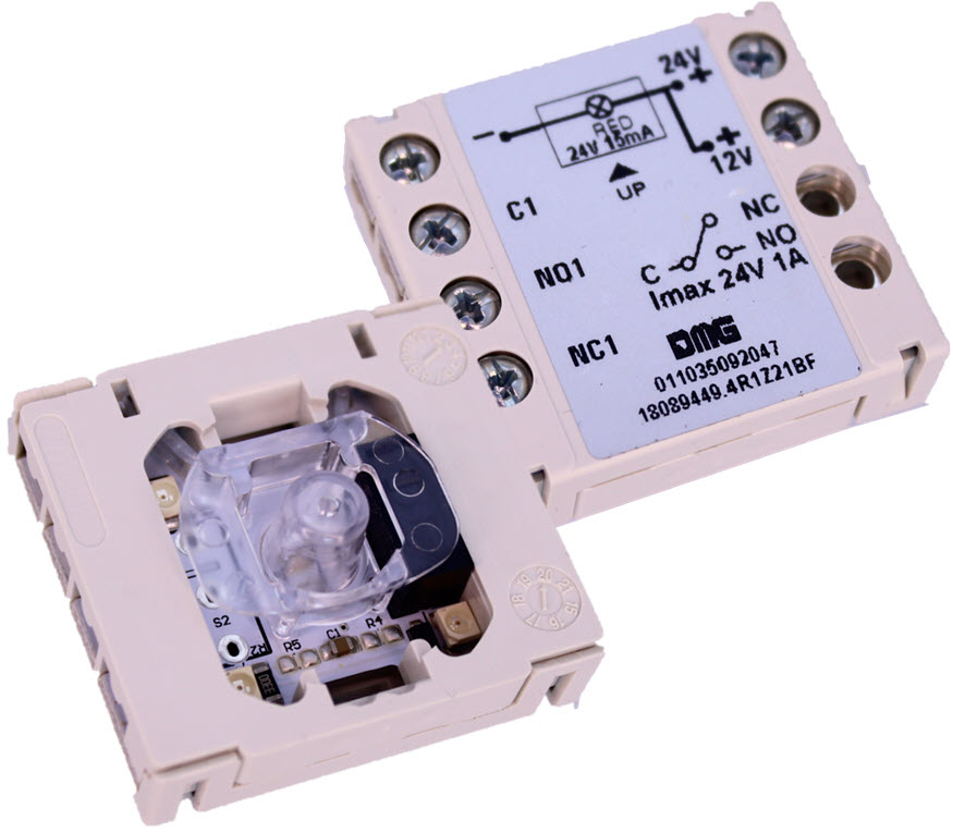 Kontaktblock m. Kegel, DMG, BF, 12/24VDC, 1CO-Kontakt, rote LED