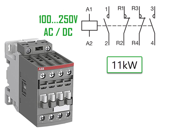 Contactor, ABB AF26, 100-250V AC+DC, 26A/11kW, 2NO+2NC