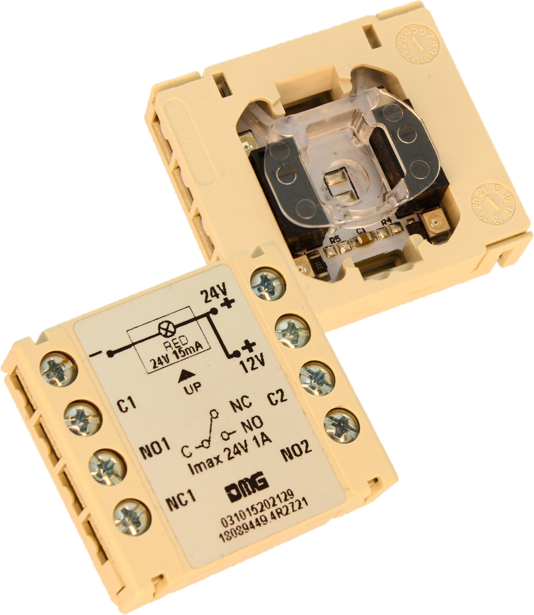 Kontaktblock, DMG, 12/24VDC, 1CO+1NO-Kontakt, rote LED