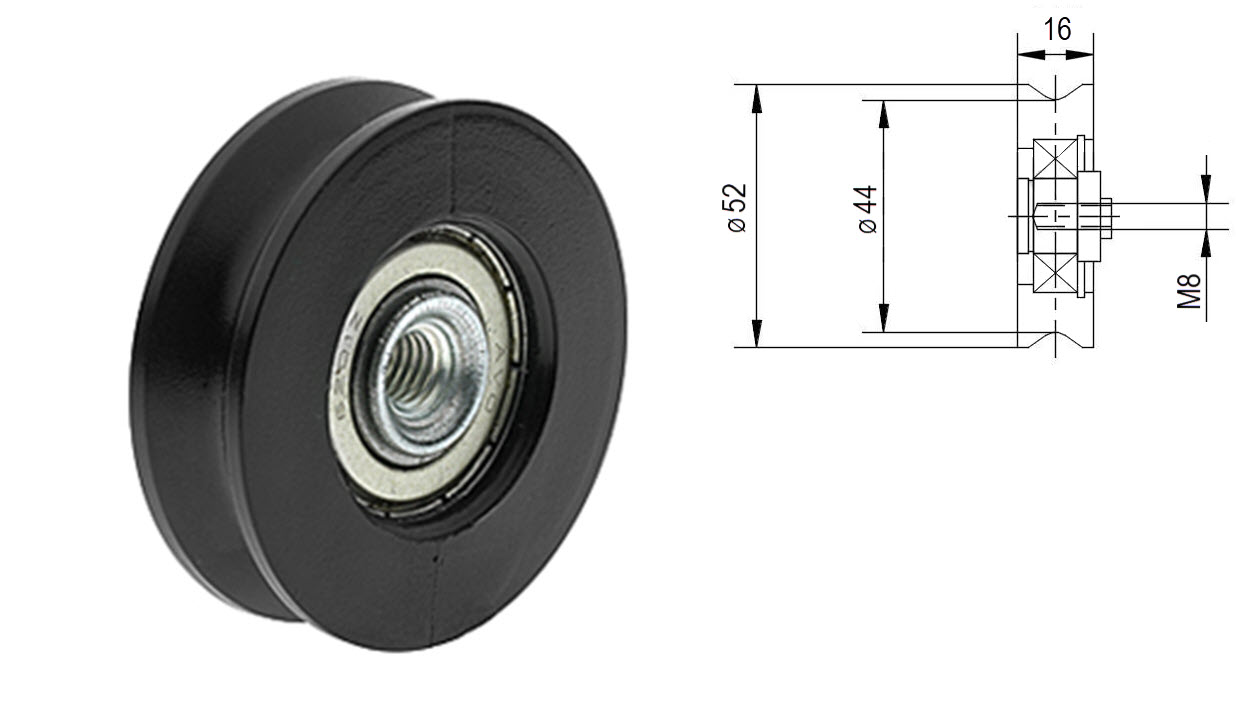 Hanger roller, Monitor 92VF, 52/44x16mm, Hole M8