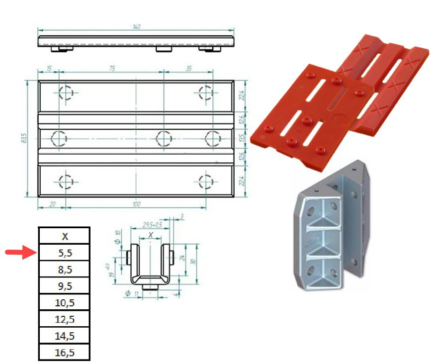Guide shoe insert, GE std, 140x29.5x30, 5mm, hinged